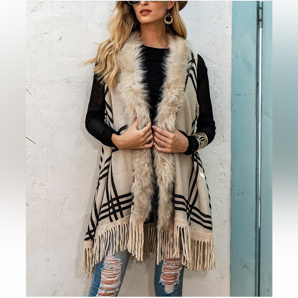 Khaki Plaid Fringe-Hem Faux Fur-Trim Open Vest
